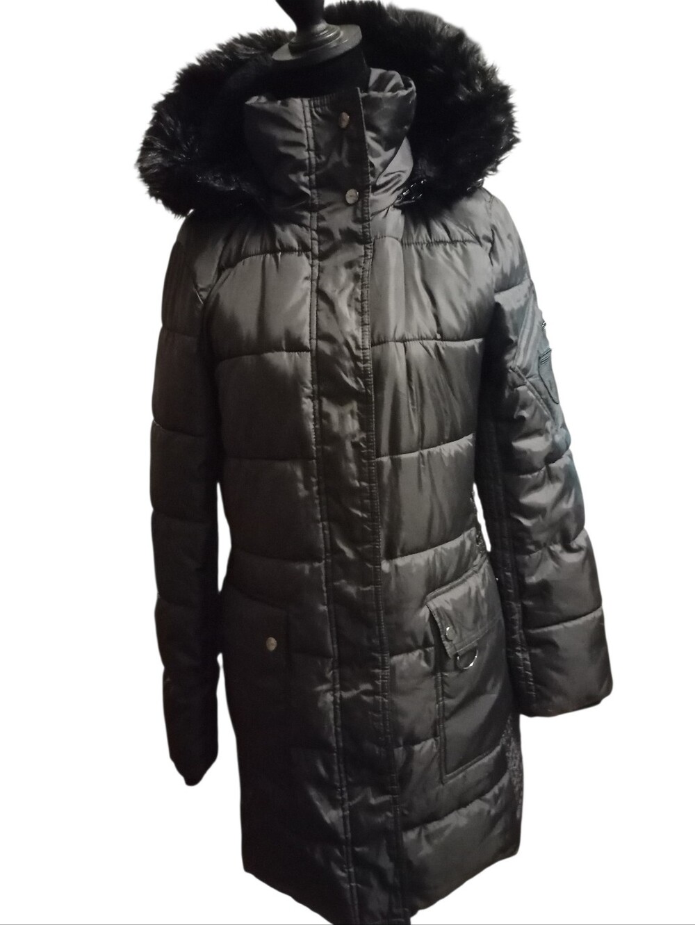 Lauren Ralph Lauren Women’s Black Puffer Coat with Faux Fur Hood, Size S